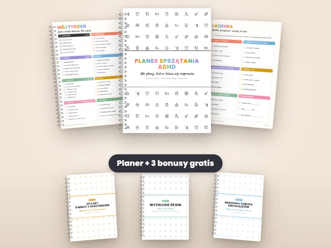 Planer sprzątania dla ADHD: okładka, strona „Mój tydzień”, strona „Łazienka” i 3 bonusy gratis